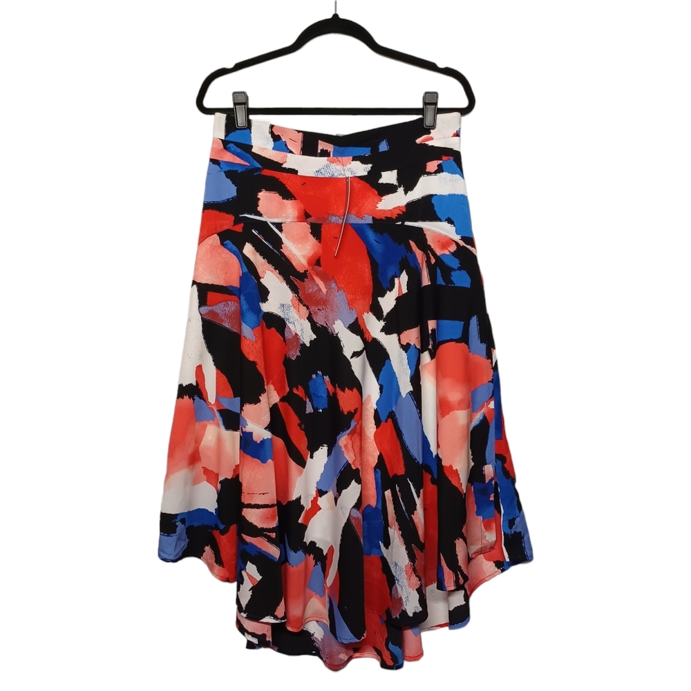 DKNY Red Blue Ivory Comb Geometric Print A-Line Swing Skirt 10 M NWT